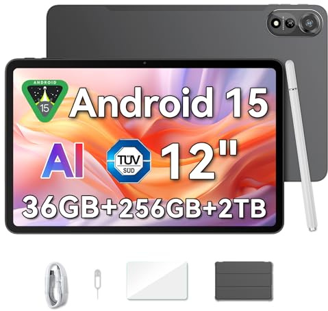 Blackview MEGA2 Tablette 12 Pouces, 36 Go RAM + 256 Go ROM (Extension TF 2 To), Tablette Android 15 AI, Écran 2K FHD avec Widevine L1, Dual 4G LTE + WiFi 5G, Processeur Octa-Core T615, Grande Batterie