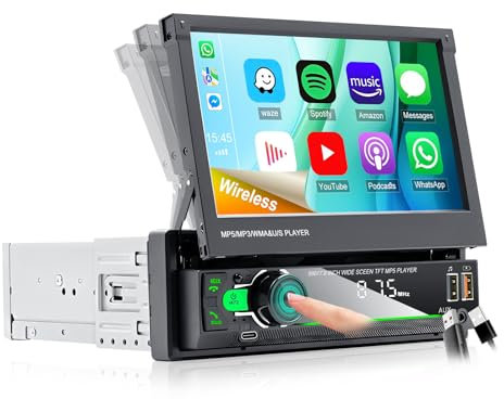Stereo 1 DIN con Carplay Wireless Android Auto,Motorizzato Schermo a Scomparsa da 7 Pollici Autoradio con Bluetooth Mirror Link FM/RDS SWC, supporto USB/AUX/Type-C Telecamera Posteriore