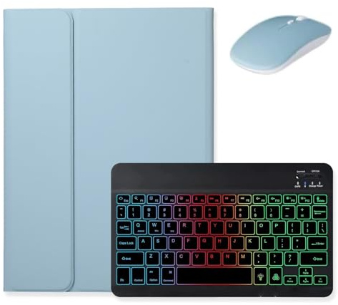kaidisen Backlit keyboard Case for Galaxy Tab A8 10.5 inch Tablet Case with Mouse and Detachable RGB Colorful Rainbow Backlight Keyboard,Mist Blue+Black