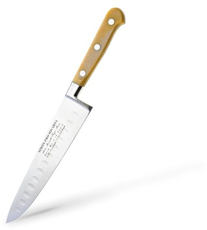 Cuchillo Cebollero Corto Simón PRO Micarta | Hoja Alveolada 20 cm | Acero Forjado Español | Mango de Micarta de Lino | Funda de Piel Negra | Ideal para Verduras, Carnes y Pescados
