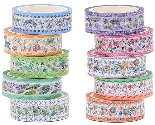 YUBBAEX 10 Rolls Embroidery Pattern Washi Tape Set - Decorative Adhesive Masking Tape for Scrapbooking, Journaling, DIY Crafts, Gift Wrapping – Vintage Floral and Nature Designs