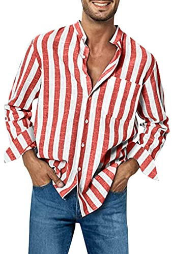 Linneskjorta herr långärmad randiga skjortor fritidsskjorta – button down långärmad skjorta ståkrage sommarskjorta strandskjorta – lätt casual herrskjortor ståkrage skjorta fritidsskjorta, röd, 3XL