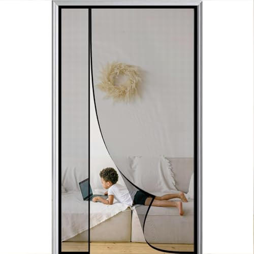 Screen Doors with Magnets 140x200cm Left or Right Side Opening Fly Nets for Doors with Powerful Magnets and Full Frame Hook&Loop Center Magnetic Closure Black