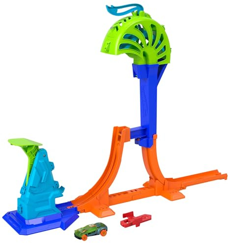 Hot Wheels-set med leksaksbil och bana, Stunt Tracks Power Launch Champion med 46cm hög vertikal bana med fångstbur, Speed Snap Track-kompatibel, fordon i skala 1:64, JHK75
