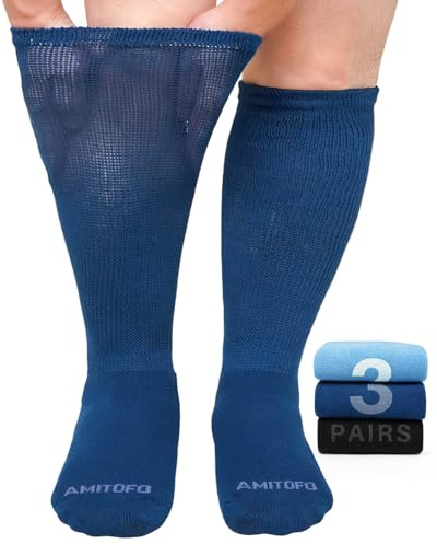 ZFSOCK Calzini Ginocchio per Diabetici da Uomo: Calze Lunghe Senza Elastico Senza Cucitura in Bambù da Donna Comodi Foderato in Spugna Extra Larghi per Anziani Gravidanza Piedi Gonfi, Blu 43-46