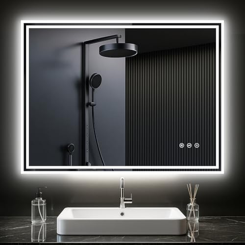 PESENXAN LED Badspiegel mit Beleuchtung, Badezimmerspiegel mit 3 Lichtfarben, Dimmbar, Steckdose, Anti-Beschlag, Touch/Wandschalter, Wandspiegel Beleuchtung für Horizontale/Vertikale 80x60cm