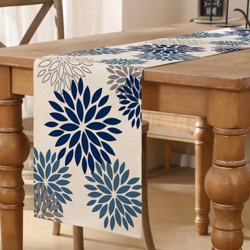 Tischläufer Blumen Blau Marineblau Dunstblau Dahlien Tischläufer Modern Herbst Saisonal Table Runner Küche Tisch Dekoration Tischdecke für Hochzeit Esszimmer Drinnen Urlaub Party Dekor 40x180 cm
