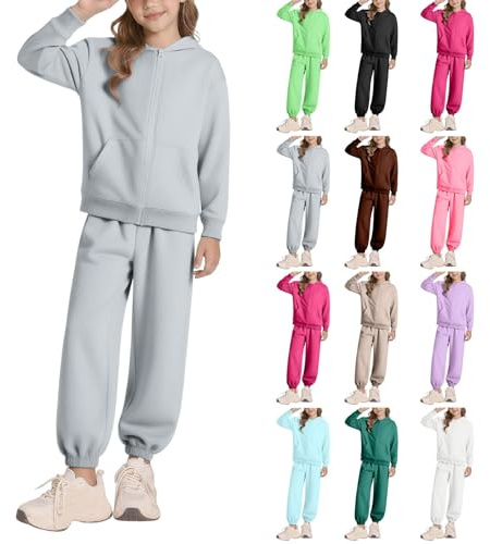 Survêtement d'école pour garçons et filles - Sweat à capuche zippé - 2 pièces - Uni - Taille élastique - Pantalon de survêtement à manches longues - Ensemble de pantalons