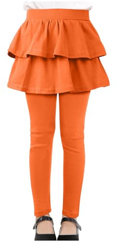 duxyoz Girls School Uniform Pants Leggings with Skirts - Warm,Stretchy,Ruffle Hem,Skirt Pants,Kids Pull On Culottes Footless Tights Orange 13-14 Years