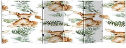 2 Ft Room Divider Screen Seamless Watercolor Deers Baby Deers Fern Leaves Hand Painted White Portable Short Canvas Folding Screen 6 Panel Freestanding Separator Privacy Partition Indoor Home Office