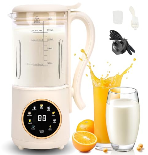 47oz (1400ml) Automatic Soy Milk Maker, 9 in 1 Nut Milk Maker, with Self-Cleaning,16 Blades Makes Almond Milk, Oat Milk, Plant Milk, Juice with Steel Blades LED Display for Home