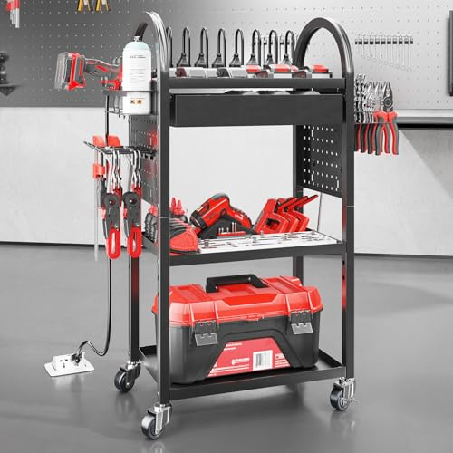 SOYEEZE Utility Cart with Charging Station and Drawer, 4 Tier Rolling Cart with Pegboard, Floor Tool Cart on Wheels, Heavy Duty Metal Garage Storage Rack with 8 Outlet Power Strip