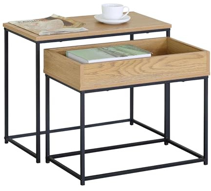 Miroytengo Juego 2 Mesas de Centro Auxiliares, Mesa Nido 2 Niveles Geri Roble Cambrian y Negro con Mesa Grande y Pequeña 60x50x30 cm y 55x45x30 cm
