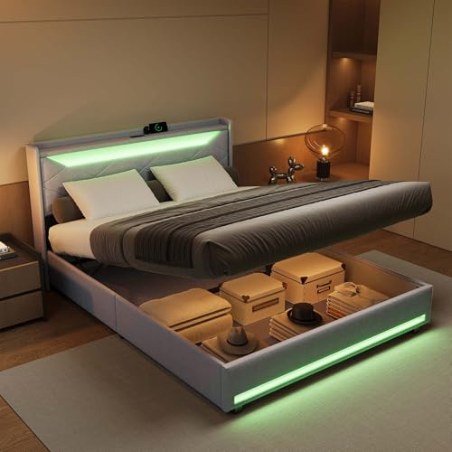 BRYXR Doppelbett 140x200, Bett mit Hydraulischem Stauraum, Polsterbett mit LED und USB-Ladestation, Jugendbett Funktionsbett Bettgestell mit Lattenrost, Leinen, Ohne Matratze