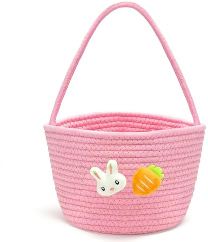 Bigepige Easter Basket with Plush Bunny and Carrot, Empty Basket with Handle for Kids, Easter Egg Hunt Basket, Toddler Spring Gift for Boys Girls Pink