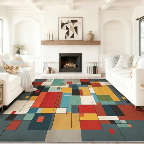 Flanell Teppich 50 x 80 cm Abstrakt Farbblöcke Modern Print, Waschbar und rutschfest, Kleiner Kurzflor Teppich für Kinderzimmer & Bettvorleger, Mehrfarbig Ultra-dünn & Saugstark