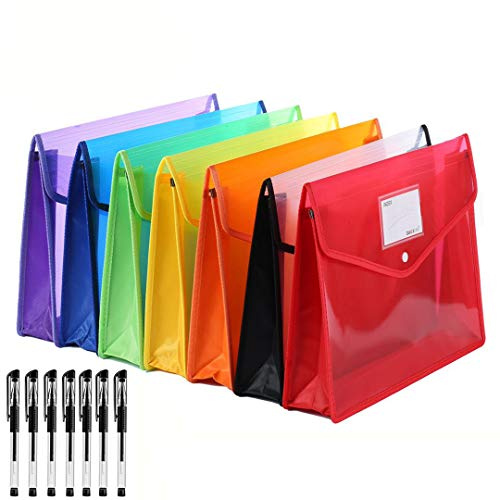 Abgream 7 Pack File Folder - Expandable Poly Envelopes B4 Plastic Document Folder Button Closure Waterproof File Pouch with 7pcs Black Gel Ink Pens for School Office Supplies (Assorted Colors)