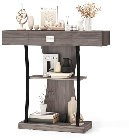 COSTWAY Table Console 3 Étagères avec Tiroir, Console d'Entrée avec Dispositif Anti-Renversement pour Salon, Couloir, Entrée, 91 x 30 x 88cm (Gris)