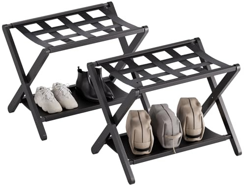 HITNET Portapacchi, set di 2, supporto per valigie pieghevole in bambù con ripiano di stoccaggio, portabagagli salvaspazio per hotel con 5 cinghie di nylon, Nero
