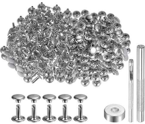 QUARKZMAN 200 uppsättningar lädernitar 9 mm x 10 mm metall dubbla lock nitar tryckknappar nitar med 3 installation hantverksverktyg silverton