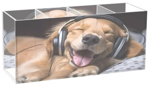 JUMBEAR Leisure Golden Retriever Acryl-Stiftehalter, 4 Fächer, transparenter Stiftebehälter – Schreibtisch-Schreibwaren-Aufbewahrung, Make-up-Pinselhalter für den Schreibtisch, Acryl-Organizer,
