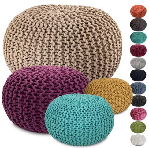 Amago home Strickhocker XXL Pouf Ø55 H37cm Bodenkissen Sitzpouf Baumwolle nachhaltig Farbe beige