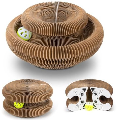 EXTFANS Rascador Cartón Corrugado para Gatos con Bolas Campana, Cama Plegable Interactiva + Almohadilla para Garras– Ideal para Divertimento y Mantenimiento de Garras