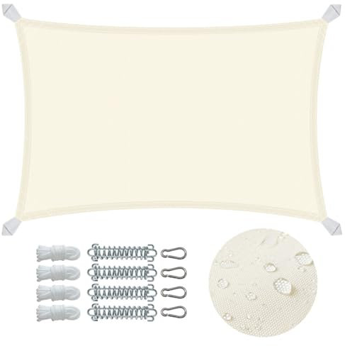 VOUNOT® Vela Ombreggiante Impermeabile Rettangolare 3x2m, Tenda da Sole per Esterno in Polyester con Kit di Fissaggio, Protezione UV 95%, Vele Ombreggianti per Giardino, Balcone, Terrazza, Beige