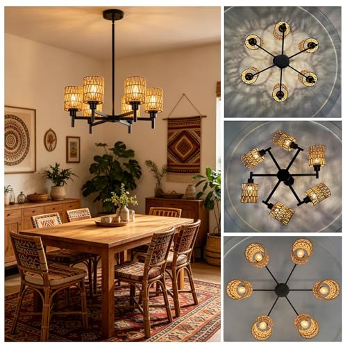 Hängelampe Rattan Groß, Kronleuchter Vintage Landhaus Ø 63cm Boho Küchenlampe Hängend Höhenverstellbar E27 Pendelleuchte Schwarz 6 flammig Rustikale Retro Esszimmerlampe für Küche Esstisch Wohnzimmer