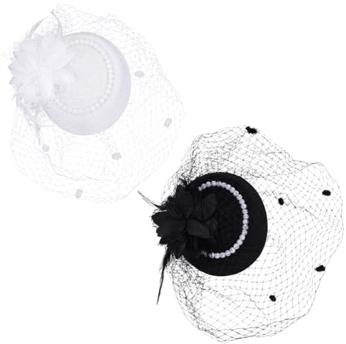 GORGECRAFT 2 Set Schwarzer Fascinator Stirnband Fascinator Hut Schleier Weiß Retro Vintage Federn Blume Perle Kleiner Pillbox Hut Clip Kopfbedeckung Fascinator Für Frauen Make Up Cocktail Tee Tanzpart