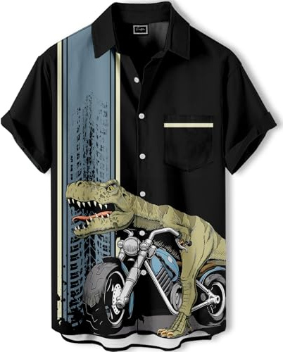 Men's Dinosaur Motorcycle Print Button Down Shirt, Black and Brown, Short Sleeve, Regular Fit
