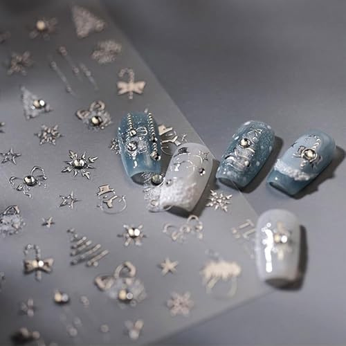 Muorruo Embossed Silver Christmas Nail Stickers, 5D Nail Stickers, Self-adhesive Christmas Tree and Snowflake Patterns, Rhinestone Nail Art Accessories, DIY Nail Decorations