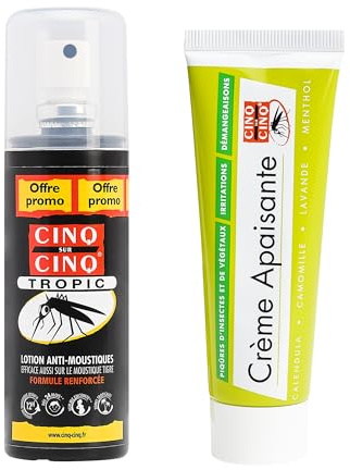 CINQ SUR CINQ | Spray Tropic Anti-moustiques 75ml + Crème Apaisante 40g | Protection jusqu’à 14h contre les moustiques tigres | Soulage les piqûres, démangeaisons & irritations