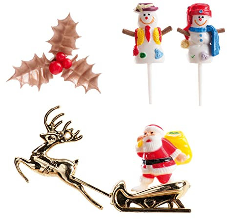 Dekora - Kit de Décoration de Gâteau avec Figurines de Noël - Houx, Bonhomme de Neige et Père Noël