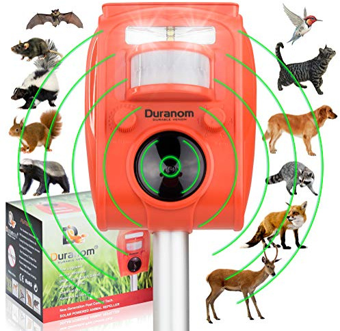 DURANOM Solar Animal Repeller – Ultrasonic & Strobe Motion Sensor Deterrent for Deer, Raccoons, Cats, Dogs – Outdoor Garden Protection, Solar Powered & USB Rechargeable