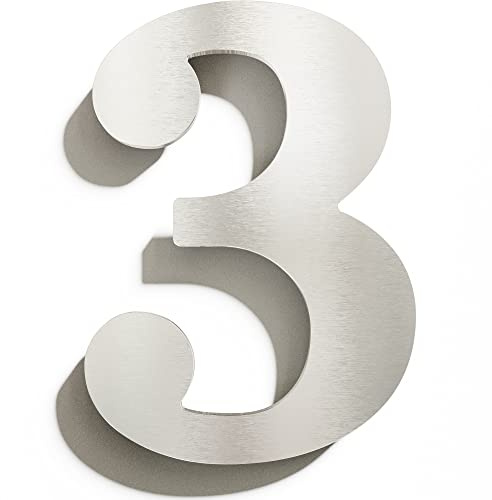 Edelstahl Hausnummer 3 - massiv, wetterfest & rostfrei - 14 cm groß - mit Befestigungsmaterial - Design Hausnummern-Schild gebürstet N-02-3-E