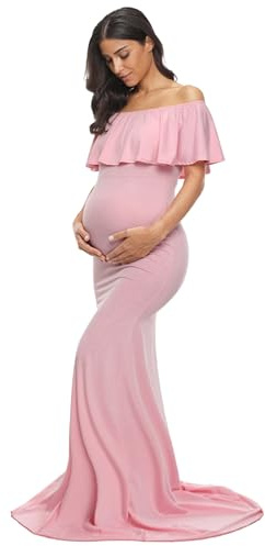 Glampunch Womens Off Shoulder Maternity Dress Ruffles Elegant Slim Gowns Fit Maxi Photography Dress A-Pink