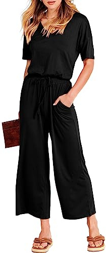 ANRABESS Women Summer Casual Short Sleeve V Neck Elastic Waist Wide Leg Cropped Pants Jumpsuits Rompers with Pockets Black Large