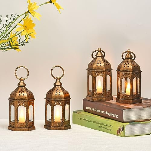 QHYK Lanterne decorative 4 Pezzi, Lanterna da con candele a LED, in plastica - color rame, per la decorazione di interni, per esterni, decorazione da giardino, campeggio, regalo