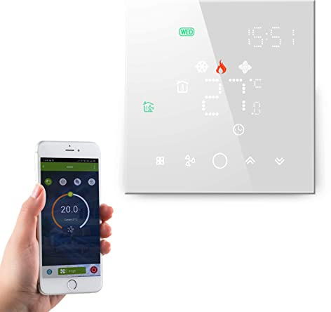 Qiumi Termostato WiFi Aire Acondicionado, 4 Tubos, Pantalla LCD | Pantalla LED matricial protectora ocular,95~240V AC, compatible Alexa y Google Home