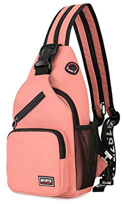 FANDARE Damen Brusttasche Klein Rucksack mit Kopfhörerloch Sling Bag Mädchen Schultertasche Crossbody Umhängetasche Reisen Wandern Sport Daypack Dauerhaft Polyester Rosa