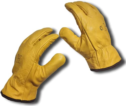 Fleece Lined Leather Work Gloves, Winter Thermal Cold Weather (Medium 8) | Heavy Duty Rigger Safety Gloves for Mens Driving, Gardening, Builders, HGV Lorry, Yellow, EN388, Cotton Lined, Hard Wearing