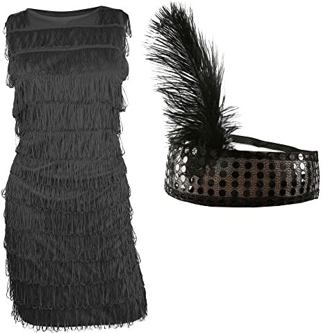 Black Flapper Dress - Ladies Flapper Fancy Dress Costume with Fringing - Matching Sequin Headband and Feather - 1920s Charleston Dress