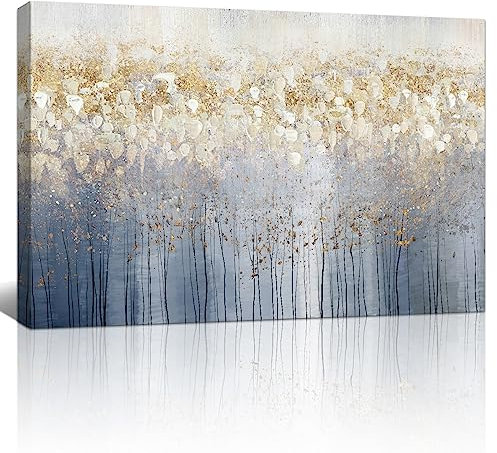 FajerminArt Mit Rahmen Blüte Baum Leinwand Bilder, Abstrakt Grau Gold Geblümt Bild auf Leinwand Bild Kunstdruck, Modern Wandbilder XXL Deko für Wohnzimmer Schlafzimmer fertig zum Aufhängen 90x60cm