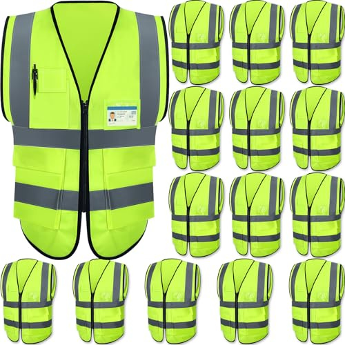 JaGely 15 Pack Reflective Safety Vests with Pockets and Zipper Construction Work High Visibility Vest for Men Women(Medium,Fluorescent Green)