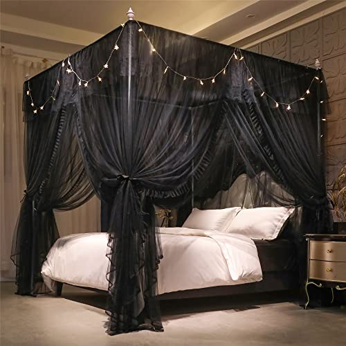 VETHIN 4 Corners Post Ruffle Princess Bed Canopy Curtain-Double Layer Cozy Drape Netting 4 Opening Mosquito Net for Girls Adults Bedroom Decoration (Double-Black, 53 W*78 L*82*H/(Full))