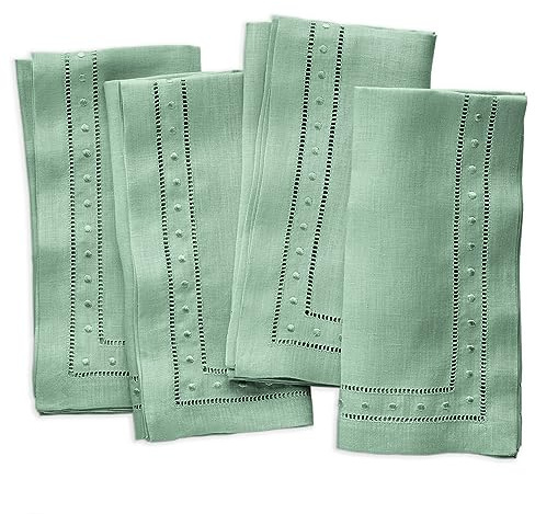 Linen Dinner Napkins - Sage Mint Green 18 x 18 Inch, Set of 4 Hemstitch Napkins With Embroidered Dot - Handcrafted French Cloth Perfect for Spring and Summer