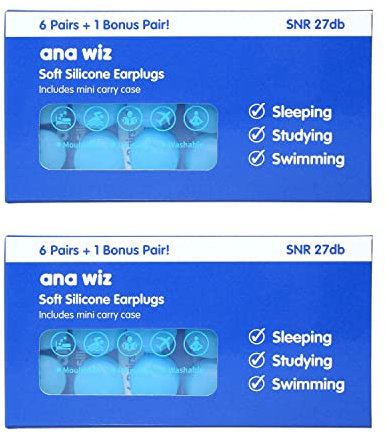 Re-usable Soft Silicone Earplugs, 6 Pairs Plus Bonus Pair with Carry Case, 27dB Noise Cancelling and Waterproof, Perfect for Sleep, Travel and Studying. (14 Pairs)