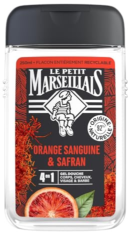 Le Petit Marseillais – Gel Douche Homme Orange Sanguine & Safran (flacon de 250 ml) – Formule 4 en 1 corps, cheveux, visage & barbe – 92 % d'ingrédients d'origine naturelle et pH neutre