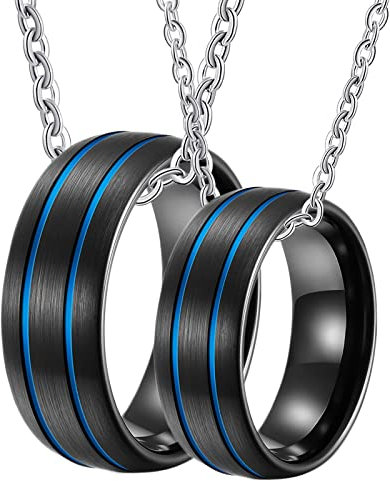 BCughia Partner Ketten mit Gravur, Necklace Personalized Schwarz Kette Personalisiert 8 mm Schwarzer Gebürsteter Ring mit Nut Halskette für Männer
